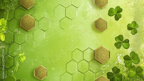 Bright lime green with hexagon glitter textures, gold clover icons, and a vintage-styled grunge background.
