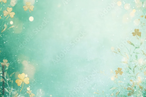 Bright mint green background with a subtle gold clover pattern and soft bokeh highlights for festive invitations.