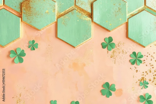 Bright mint green hexagons with gold glitter and grunge texture on a soft peach background, scattered clovers.