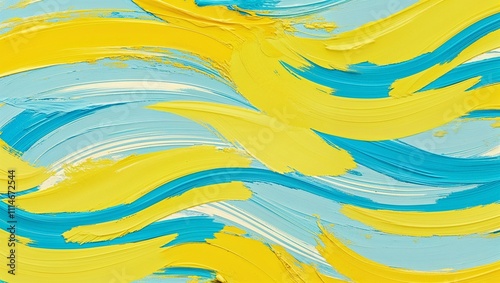 A lively abstract piece featuring dynamic yellow and blue waves. photo