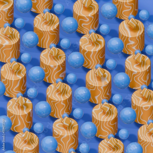 an abstract pattern of three-dimensional shiny shapes of different colors. Balls, cubes and other shapes. 3D render illustration.