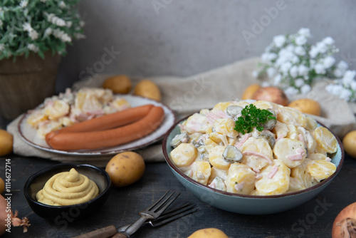 angerichteter Kartoffelsalat mit Wiener Würstchen auf Tisch aus Holz mit Tuch und Blumen