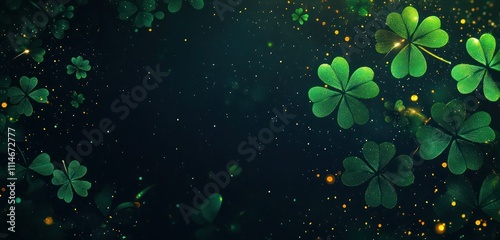 Bright neon background with dark green clovers, small gold flecks, and a whimsical sparkle effect, creating a playful invite.