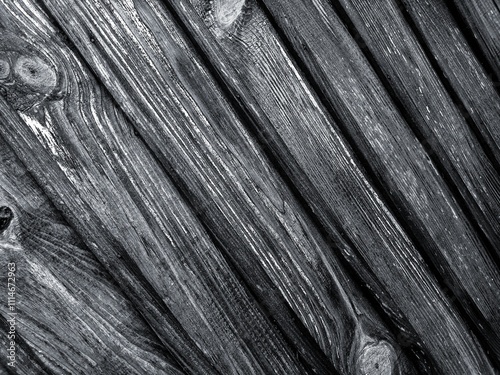 Black and white background of wooden diagonal boards, texture of old boards