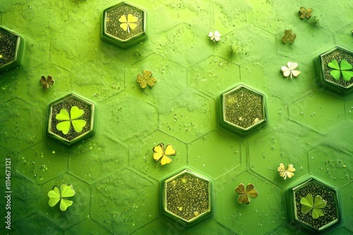 Bright neon green with hexagons filled with glitter and scattered gold clovers on a lightly textured background.