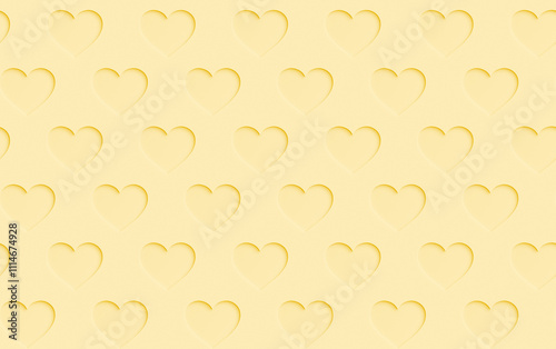 Seamless pattern of many yellow hearts with paper cutout effect or shadow on a bright yellow background. Modern and trendy conceptual abstract background with copy space.