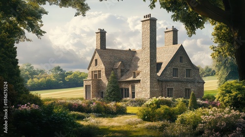 Large stone villa with tall chimneys, surrounded by lush fields, flowering shrubs, and shady trees.
