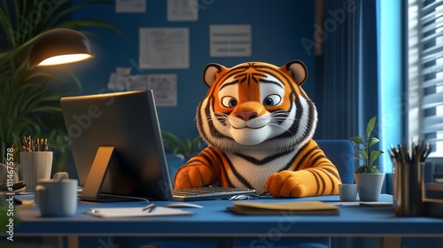 Cartoon tiger working on a computer in a cozy home office.
