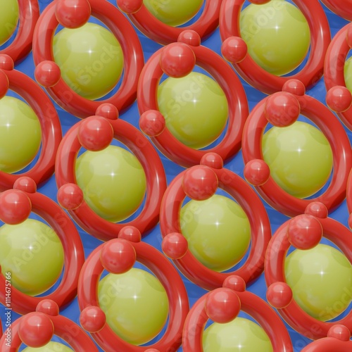 an abstract pattern of three-dimensional shiny shapes of different colors. Balls, cubes and other shapes. 3D render illustration.