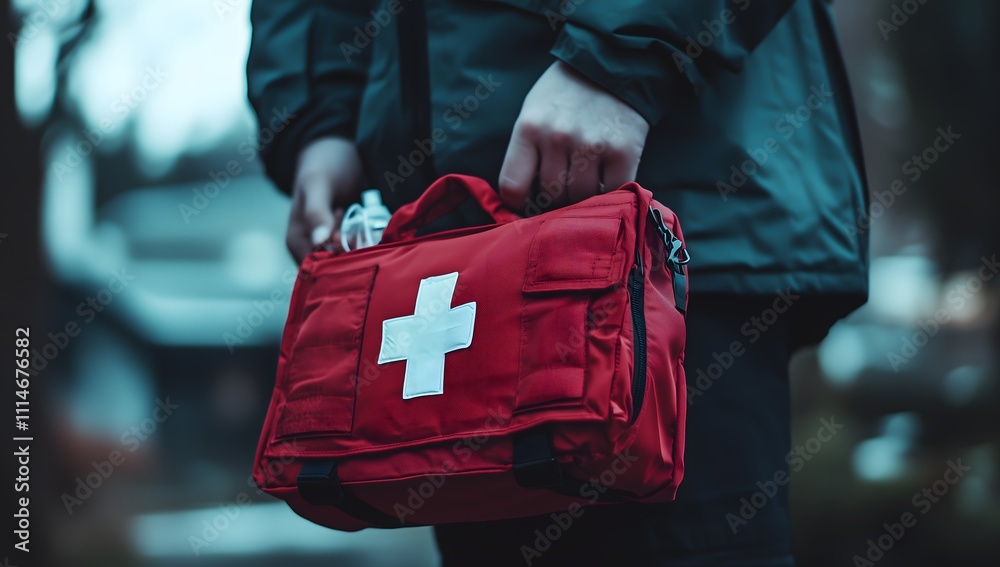 Obraz premium A person holding an emergency first aid kit, demonstrating preparedness and response in healthcare situations.