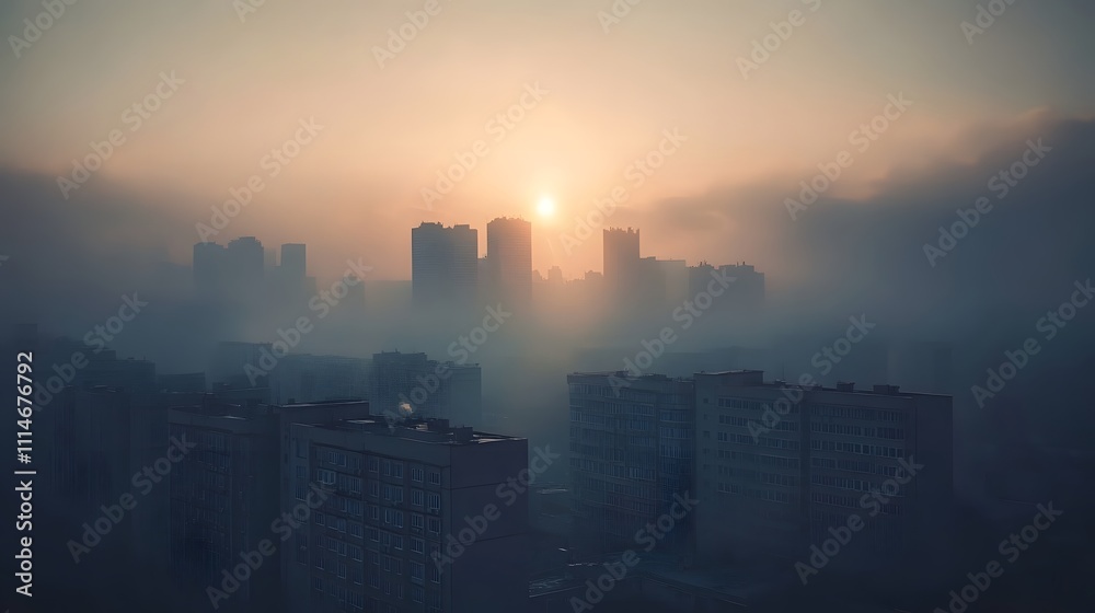 Fototapeta premium Misty morning envelops hillside village