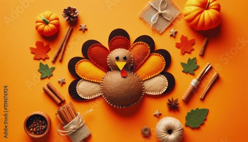 orange brown and yellow crafted felt turkey laying flat on an orange background with copy space banner/web/design photo