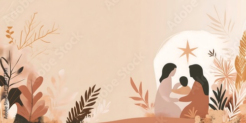 A minimalistic illustration representing the birth scene, invoking feelings of peace and spirituality.