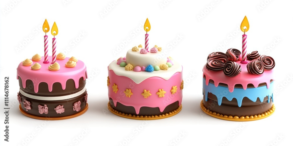 Three Decorated Cakes With Candles Await Celebration Three Decorated Cakes With Candles Await Celebration