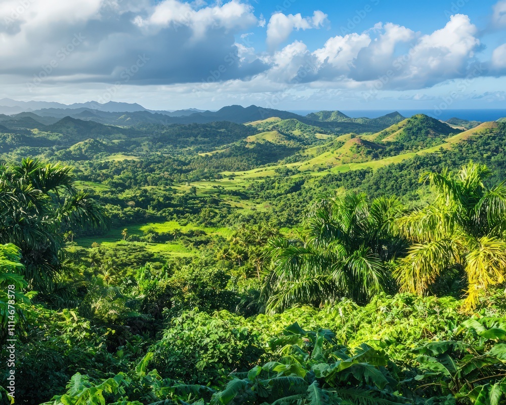 Obraz premium Scenic landscape with lush greenery and distant hills