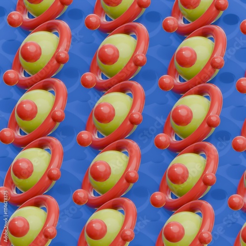 an abstract pattern of three-dimensional shiny shapes of different colors. Balls, cubes and other shapes. 3D render illustration.