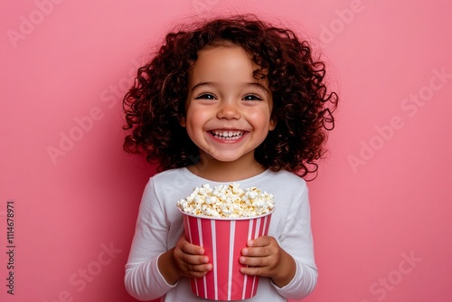 Smiling child with curly hair, holding a bucket of popcorn against a soft pastel pink background photo