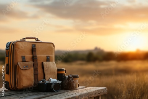 A vintage suitcase and camera set atop a wooden bench against a backdrop of a golden-hour sunset, symbolizing adventure and the journey ahead. photo