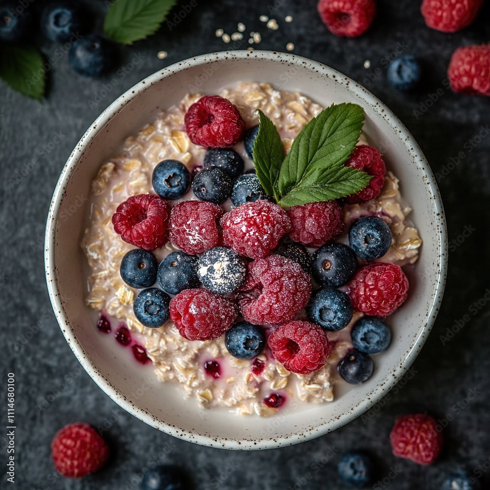 Delicious oatmeal breakfast bowl with berries and mint kitchen food photography cozy setting top view healthy eating concept