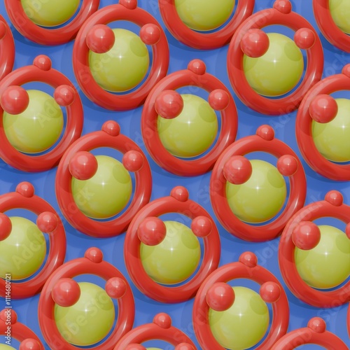 an abstract pattern of three-dimensional shiny shapes of different colors. Balls, cubes and other shapes. 3D render illustration.