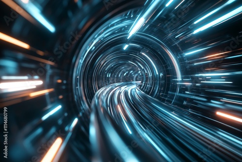 A mesmerizing view of a futuristic tunnel, featuring dynamic blue and orange light streaks that create a sense of speed and movement, embodying modern technology.