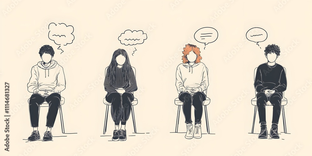 Four seated individual with abstract thought bubble in black and white sketch art style Four seated individual with abstract thought bubble in black and white sketch art style