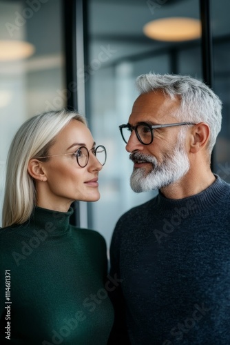 A romantic couple gazes fondly at each other in a contemporary office setting, highlighting love, connection, and the blend of personal and professional life. photo