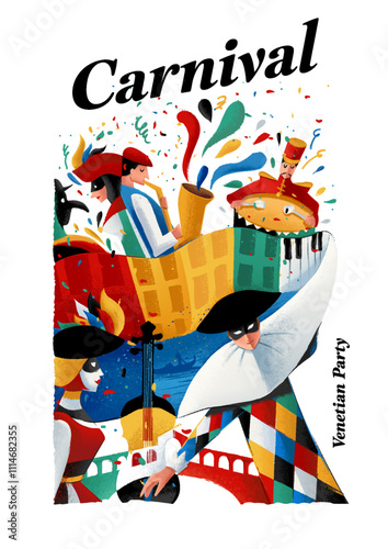 illustration venice carnival with harlequin and musicians confetti