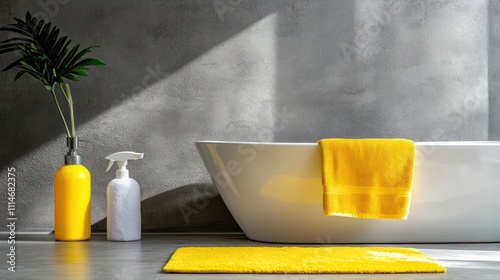 Modern Bathroom Decor With Yellow Accents And Grey Walls photo
