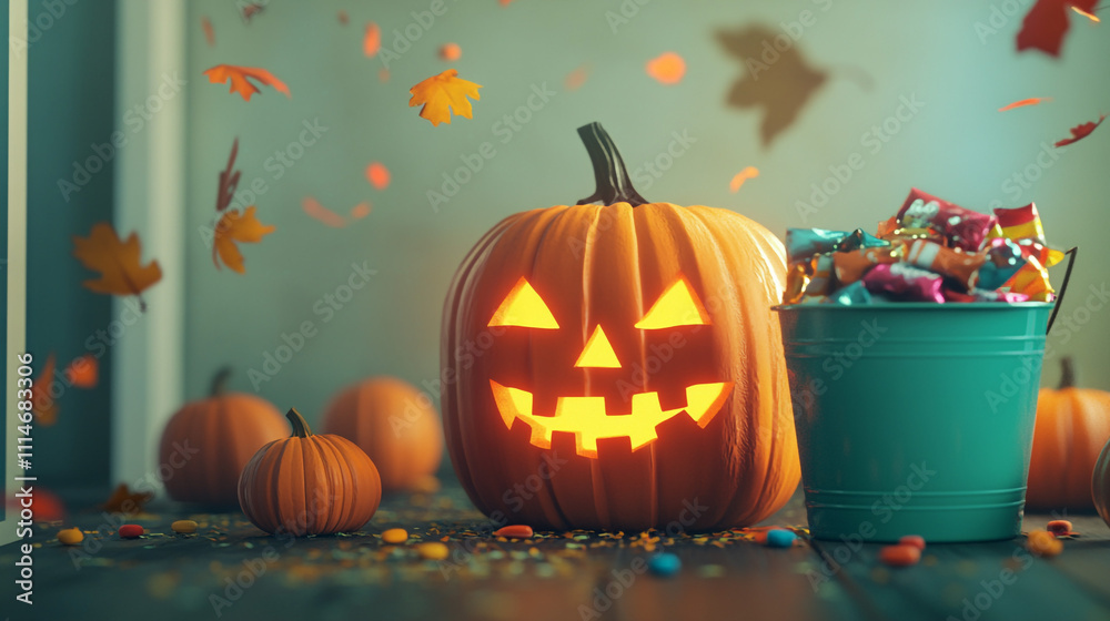 Fototapeta premium Illuminated Jack o lantern Candy Pumpkins Autumn Leaves
