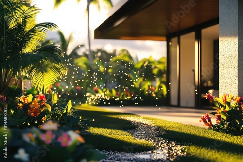 Modern villa with tropical landscaping, sunlight catching dew on lush greenery and colorful blooms.
