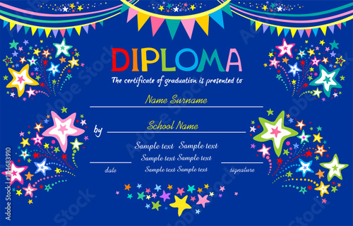 Horizontal Diploma. Bright Frame with colorful star and  colorful flags. Diploma template for kindergarten students. Kids Diploma or certificate template with cartoon style background.