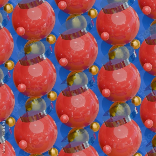 an abstract pattern of three-dimensional shiny shapes of different colors. Balls, cubes and other shapes. 3D render illustration.