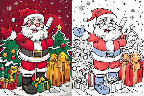 Black-and-white Christmas coloring page and its vibrant colored version for kids