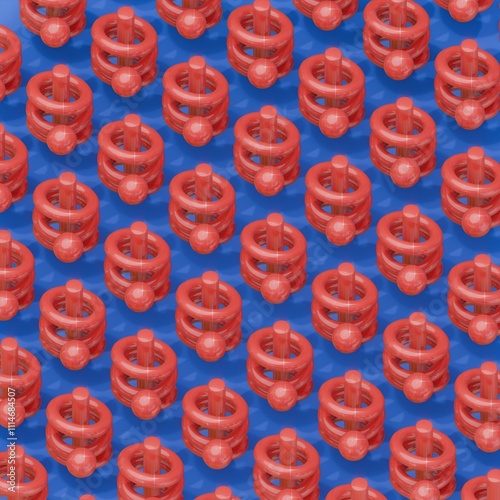 an abstract pattern of three-dimensional shiny shapes of different colors. Balls, cubes and other shapes. 3D render illustration.