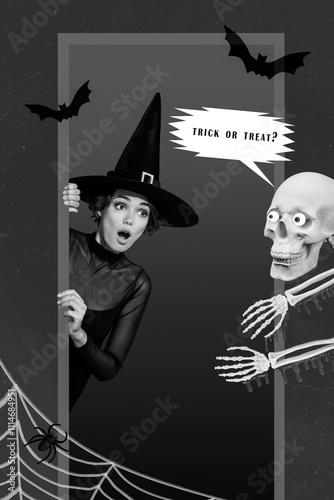 Collage photo of shocked scared fear witch wear cone hat inside frame skeleton say trick or treet invitation party isolated on blue background photo