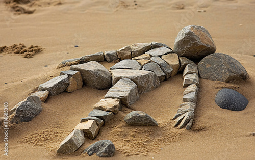 Artistic Stone Arrangements Forming Human-Like Figures on a Sandy Beach, Highlighting Creativity, Minimalism, and Connection to Nature photo