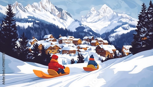 A vintage-style travel poster illustration of two joyful figures, capturing the spirit of adventure and exploration.