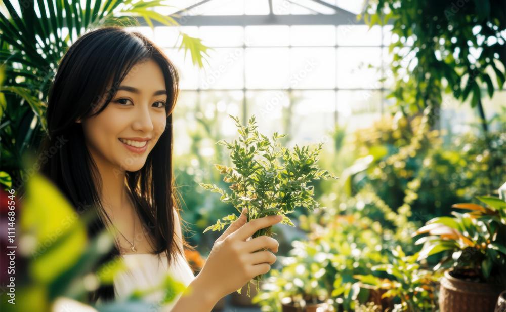 woman holds small plant in glasshouse filled with greenery, smiling brightly. vibrant atmosphere enhances her joyful expression woman holds small plant in glasshouse filled with greenery, smiling brightly. vibrant atmosphere enhances her joyful expression