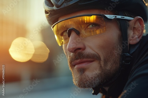 A cyclist wearing reflective sunglasses and helmet rides during sunset, capturing the essence of an adventurous spirit and the freedom of cycling outdoors. photo