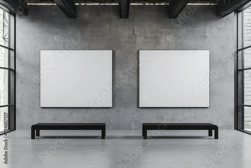 Industrial gallery with two blank walls, black benches, and a cool gray setting, perfect for advertisement installations.