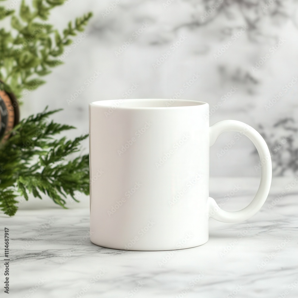 Obraz premium Empty white mug placed on a marble surface surrounded by greenery in a bright setting