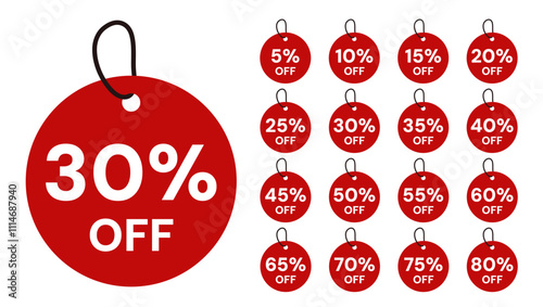 Vector red discount tags. 5%, 10%, 15%, 20%, 25%, 30%, 35%, 40%, 45%, 50%, 55%, 60%, 65%, 70%, 75%, 80% off sale signs. Sale circle labels with different %.