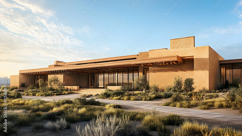 Fototapeta premium Adobe Pueblo Revival with Traditional Vigas and Mountain Views, Santa Fe Desert Estate Architecture