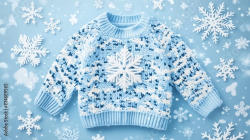 Bright winter-themed background showcases a hand-drawn pattern of snowflakes alongside a cozy sweater. Ideal for seasonal projects. Generative AI photo