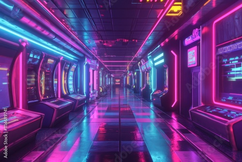 illustration of an arcade full of colorful neon lights with retro vibe photo