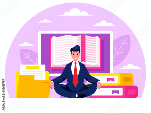 Man relaxing reading books. Man doing yoga. Businessman sits in the lotus position. The male character relaxes. Digital Library concept. Online book application. E-Library. Digital bookstore.