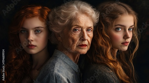 Three generations of women with red hair, posing for a portrait against a dark background.