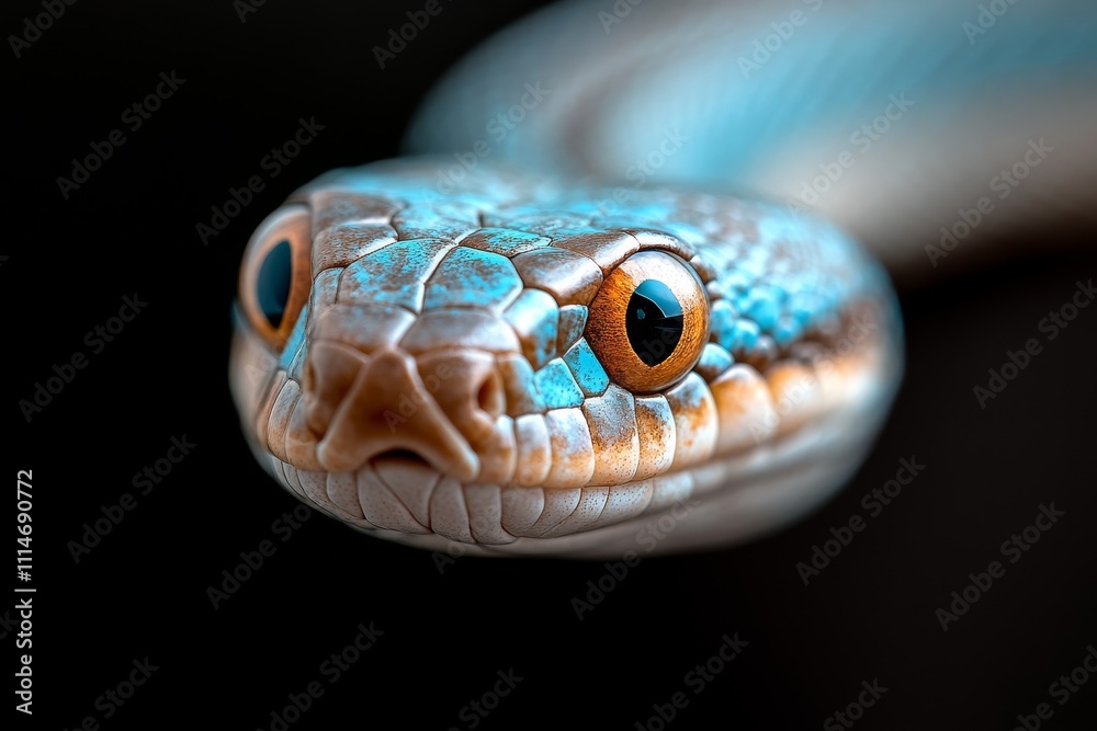 Fototapeta premium A macro shot of a blue snake's head showcasing intricate scale patterns and orange eyes, emphasizing its fierce and captivating expression in wild nature.
