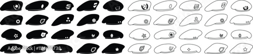 Military beret cap icon in flat line set. isolated on transparent background Hat icons, captain hat icon, police cap, sun visor, beret, cowboy, military hat. Vector for apps or website